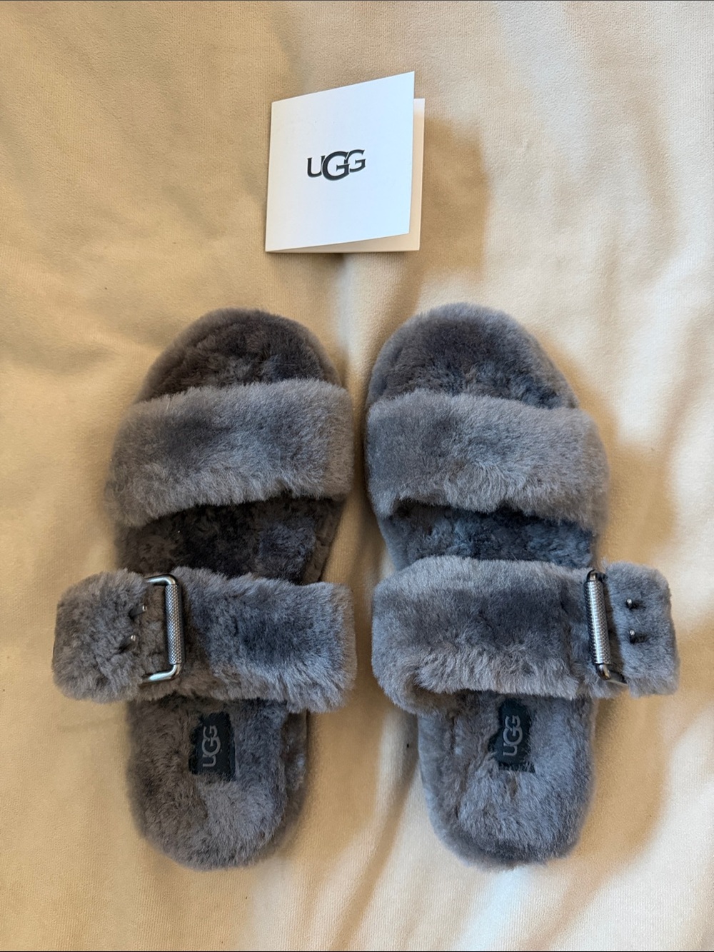UGG Women's Gray Fluffy Buckle Slide Sandals Size 8